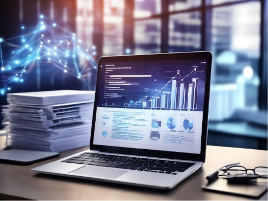 Laptop on an office desk with an image of graphs, tables, and pie charts on the screen