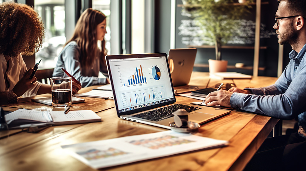 Business men and women in an office working on data